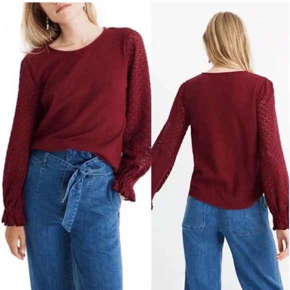 Madewell Tops - Madewell Texture & Thread Eyelet Mix Ruffle-Sleeve Top Burgundy Color Size Small